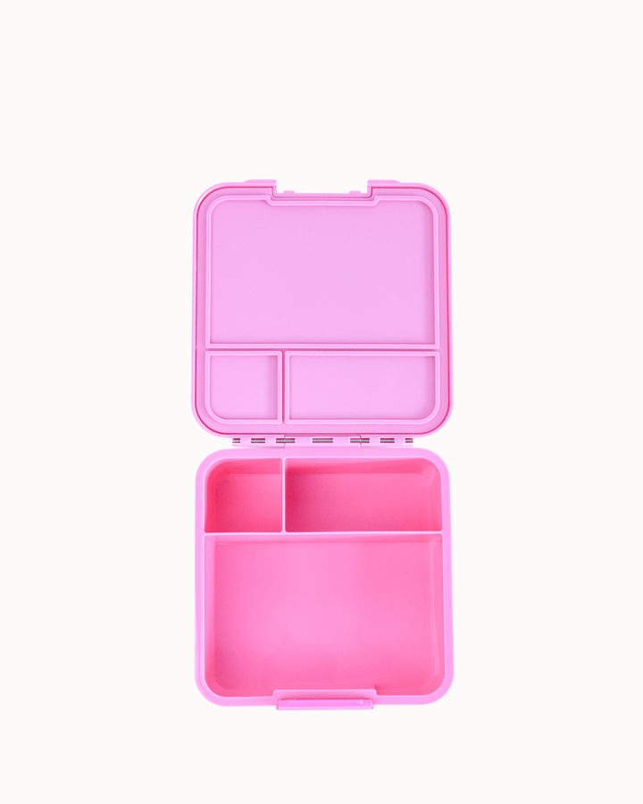 MontiiCo Bento Three Lunch Box - Floss - open lunch box with compartments and snacks