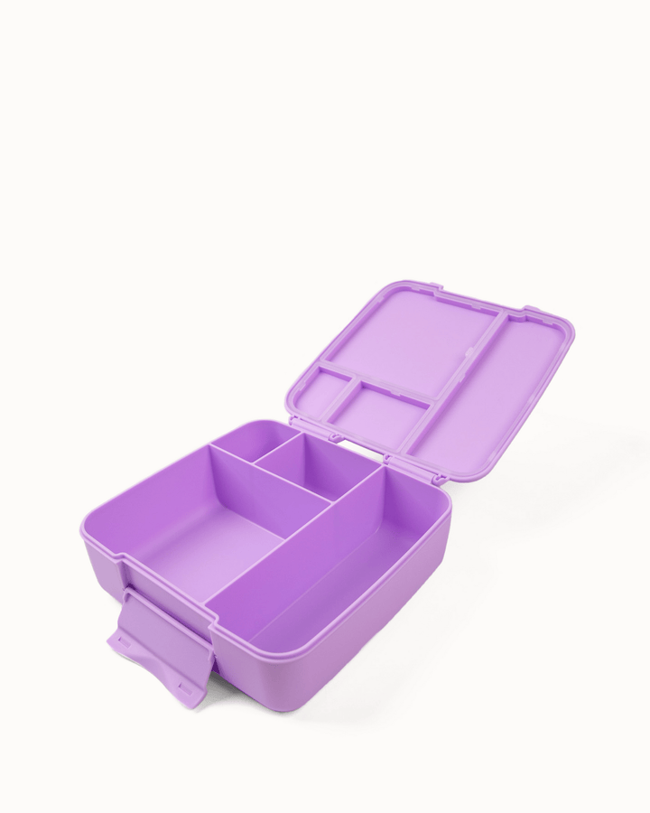 MontiiCo Feast Lunch Box - Lilac open lunch box with compartments and snacks