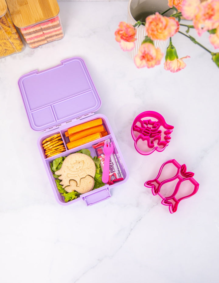 MontiiCo Bento Three Lunch Box - Lilac - open lunch box with compartments and snacks