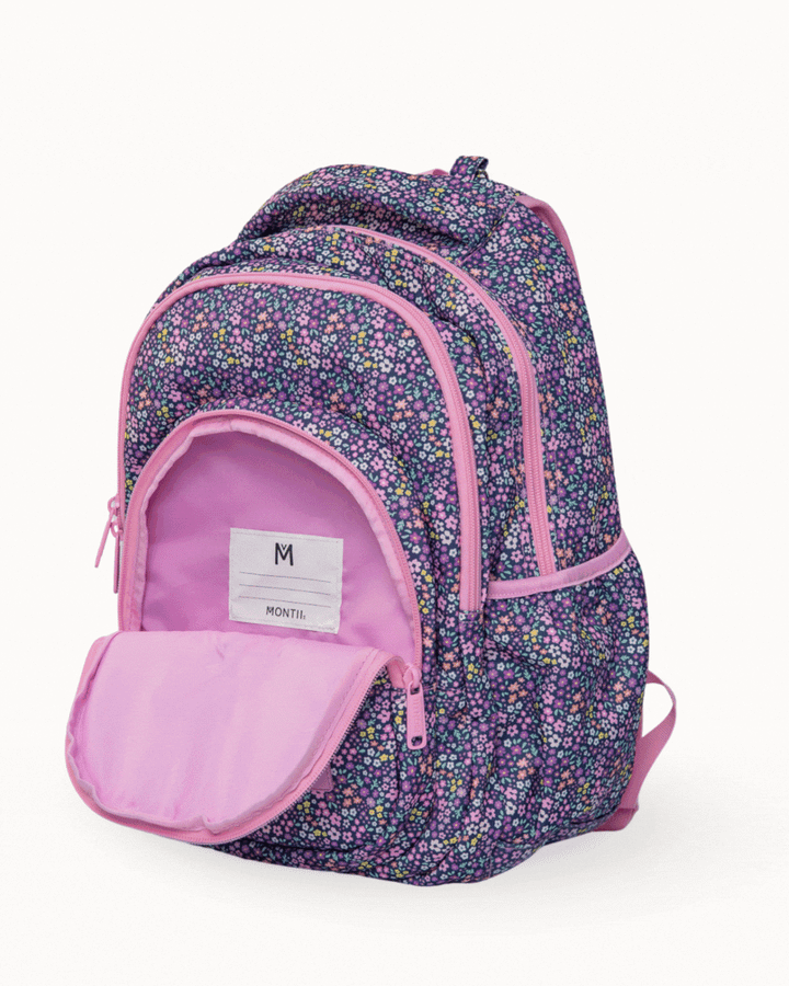 MontiiCo Backpack - Meadow open showing internal compartments
