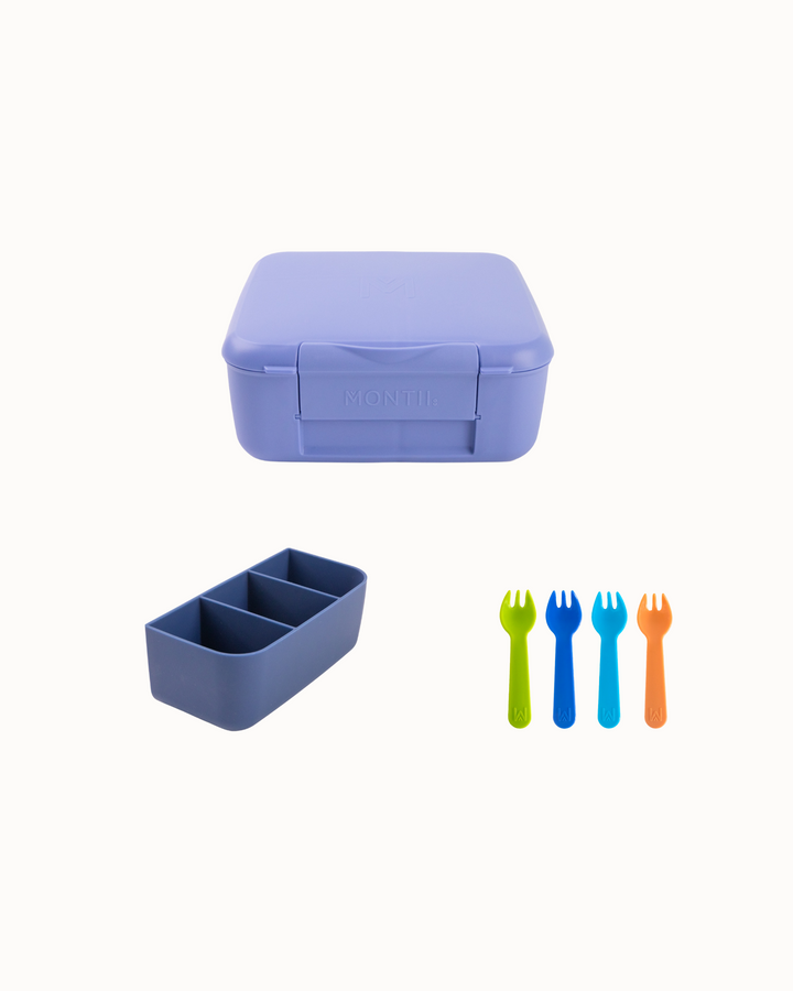 Blue lunch box with a smaller blue container and colorful forks on a white background