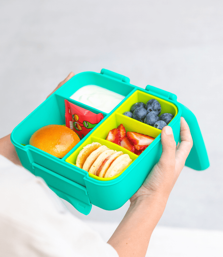 MontiiCo Bite Lunch Box - Mojito - open lunch box with compartments and snacks