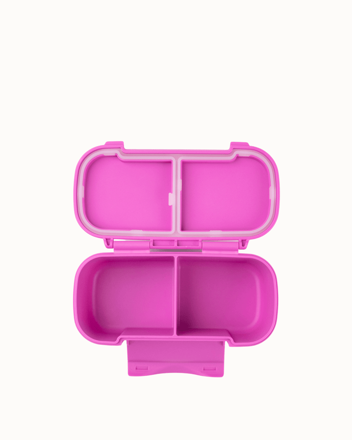 MontiiCo Snack Lunch Box - Fuchsia open lunch box with compartments and snacks