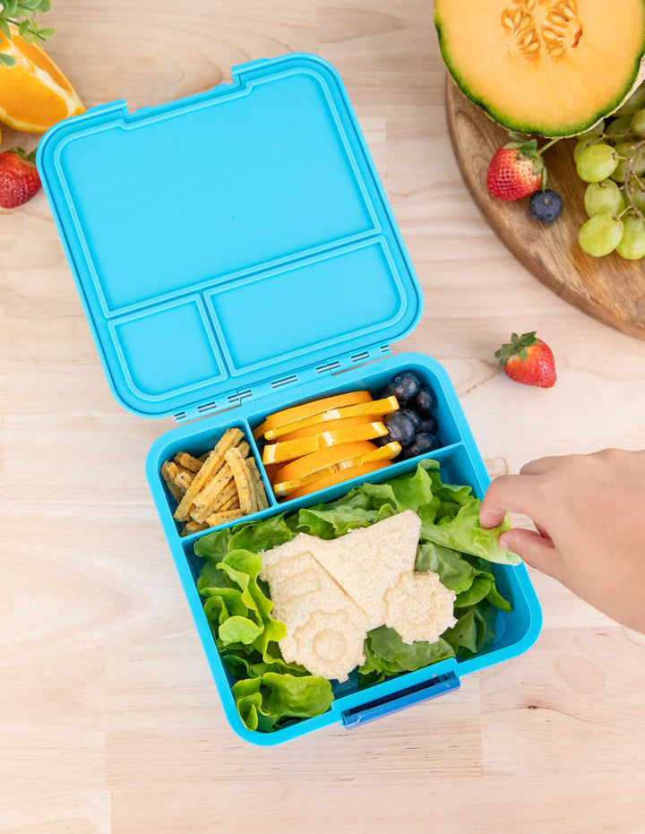 MontiiCo Bento Three Lunch Box - Coastal - open lunch box with compartments and snacks