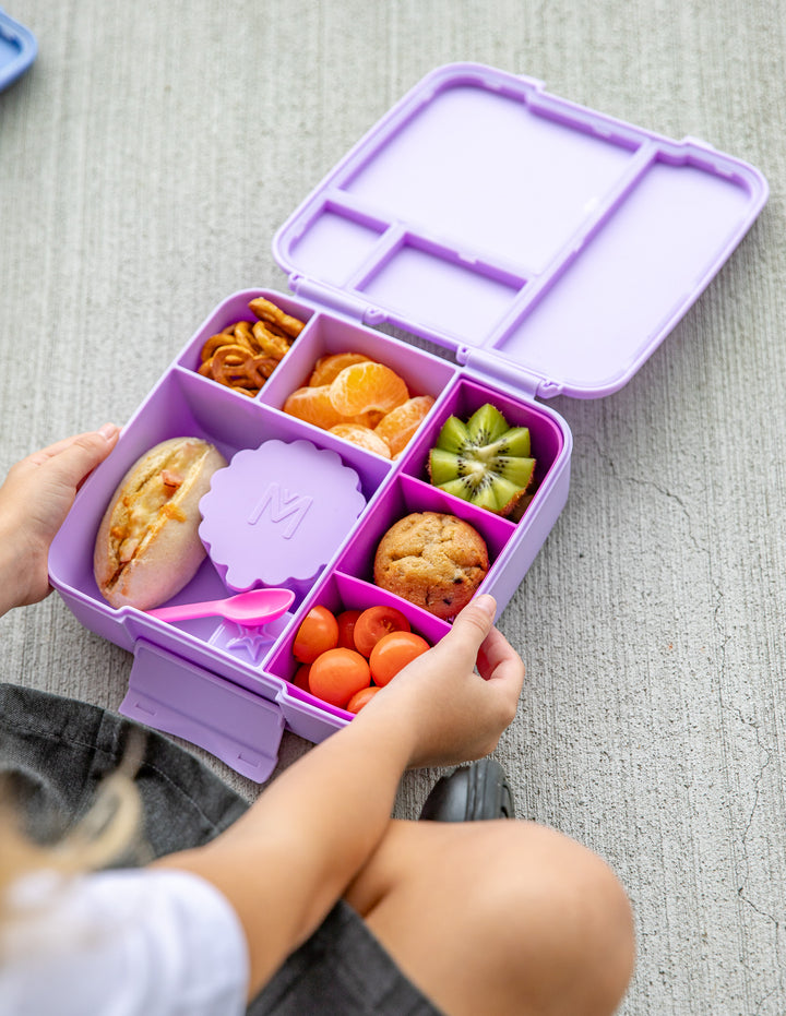 MontiiCo Feast Lunch Box - Lilac open lunch box with compartments and snacks