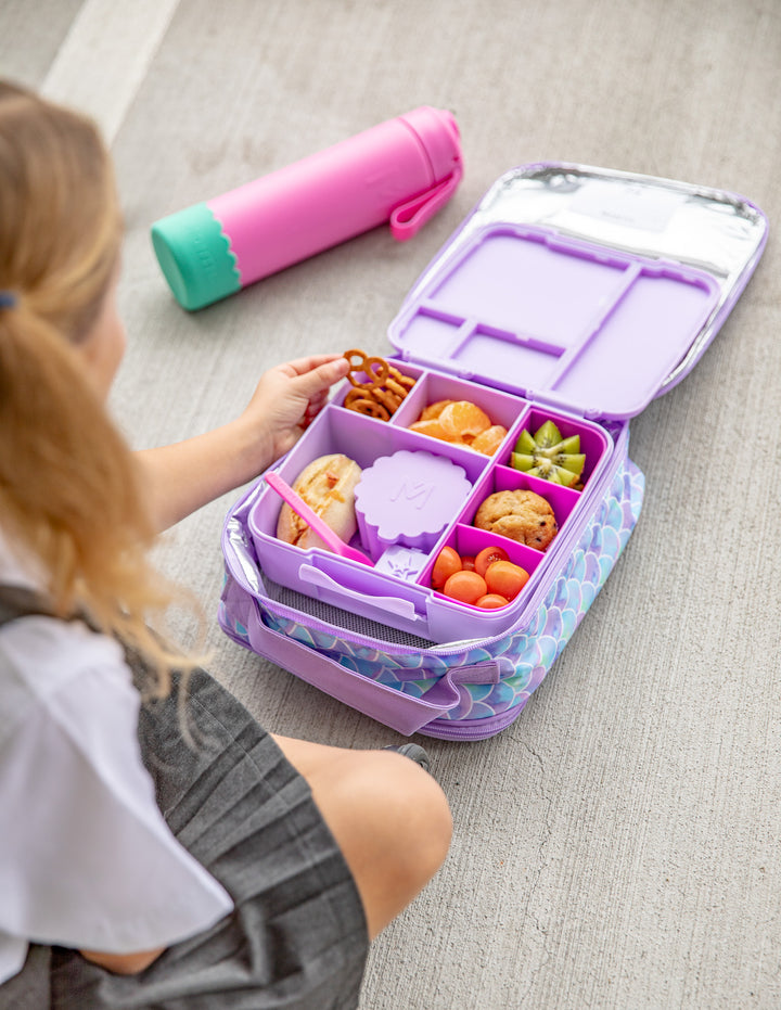 MontiiCo Feast Lunch Box - Lilac open lunch box with compartments and snacks