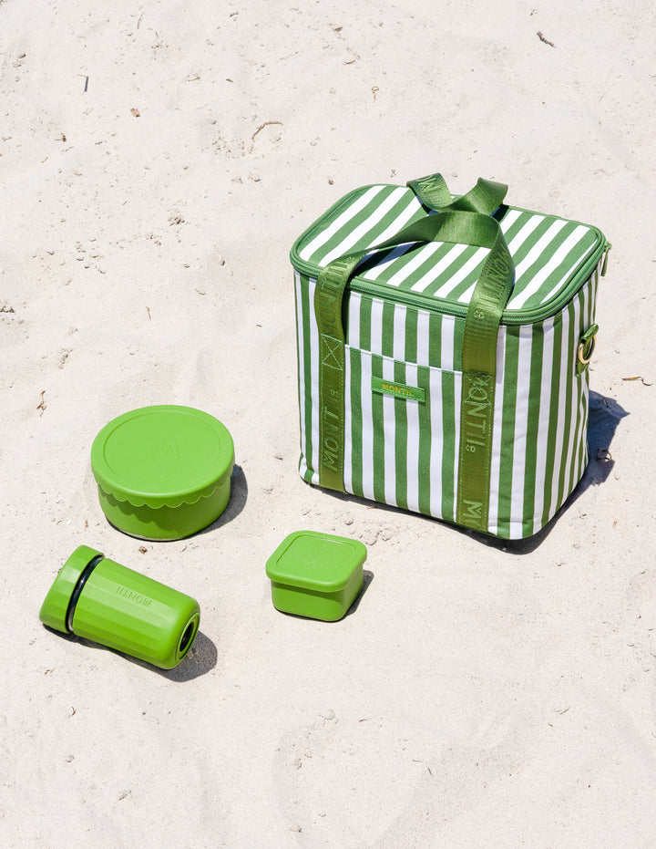 MontiiCo Insulated Midi Cooler Bag - Pickle Stripe displayed outdoor