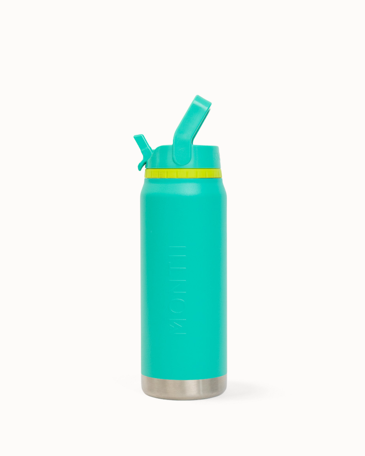 Green water bottle with a straw lid on a white background