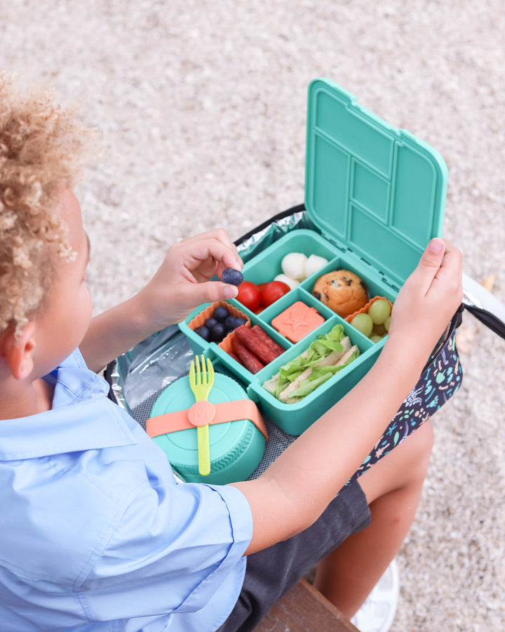 MontiiCo Bento Five Lunch Box - Mojito - open lunch box with compartments and snacks
