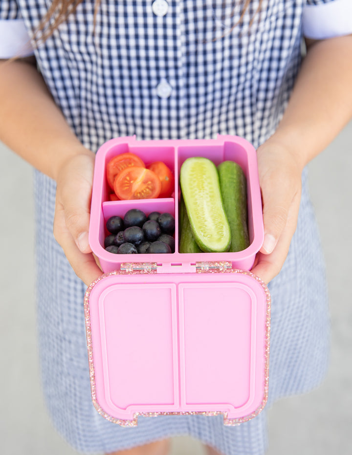 MontiiCo Bento Two Snack Box - Floss Glitter- open lunch box with compartments and snacks