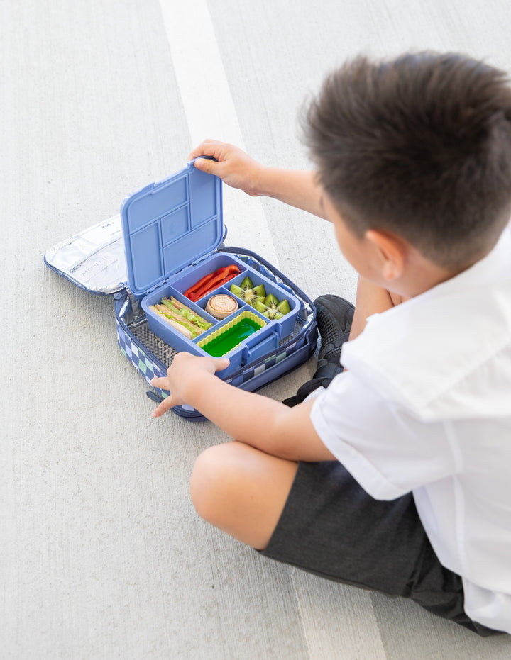 MontiiCo Bento Five Lunch Box - Splash - open lunch box with compartments and snacks