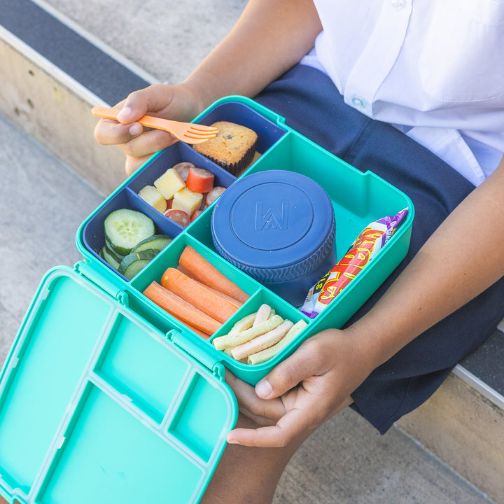 MontiiCo Feast Tray - Navy filled with snacks inside the feast lunch box