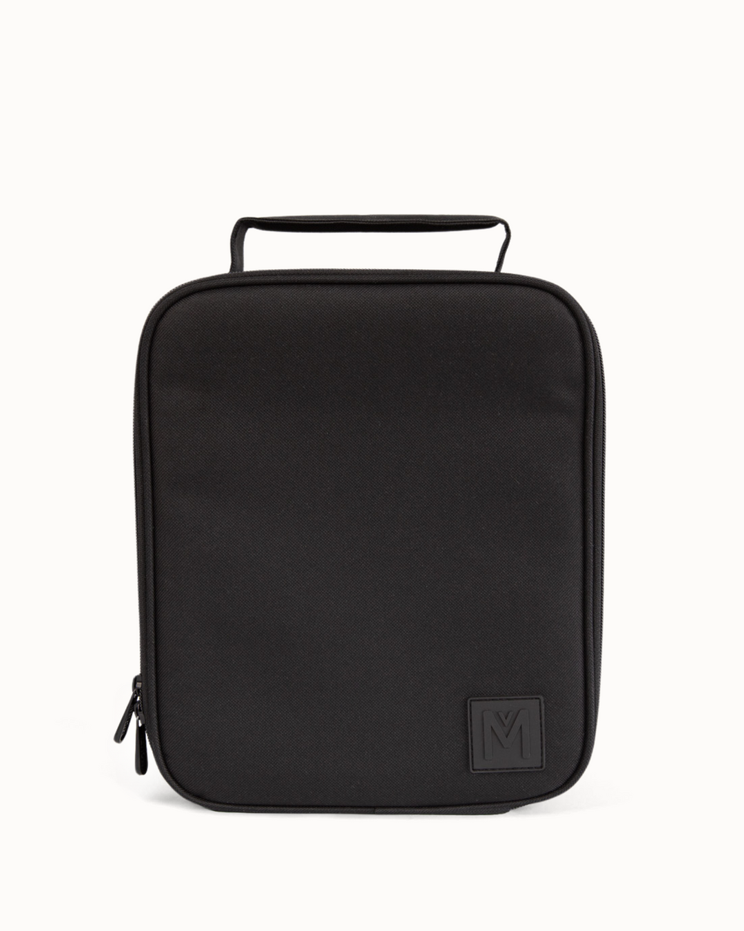 Black insulated lunch bag with a handle on a white background