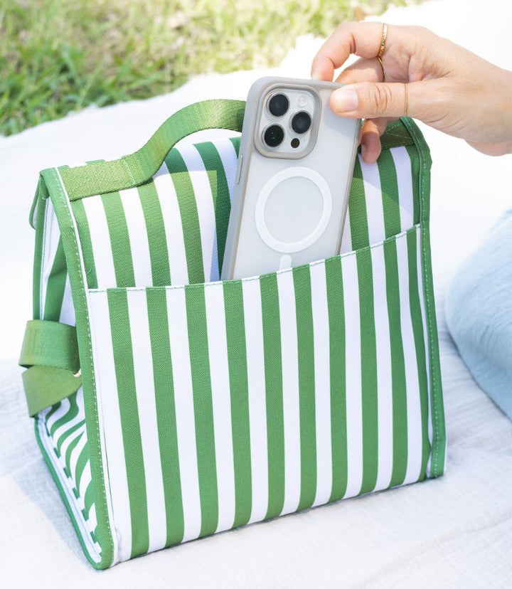 MontiiCo Insulated Lunch Carrier - Pickle Stripe showing outside compartment