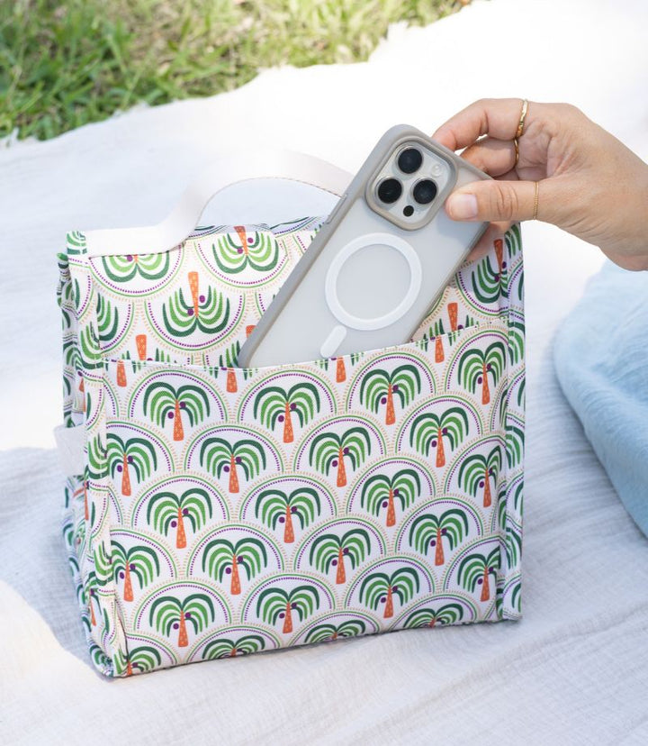 MontiiCo Insulated Lunch Carrier - Coconut Palms showing exterior compartment