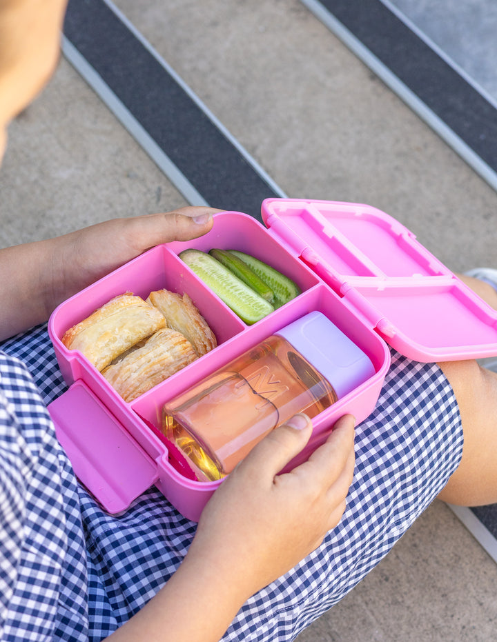 MontiiCo Bite Lunch Box - Floss - open lunch box with compartments and snacks
