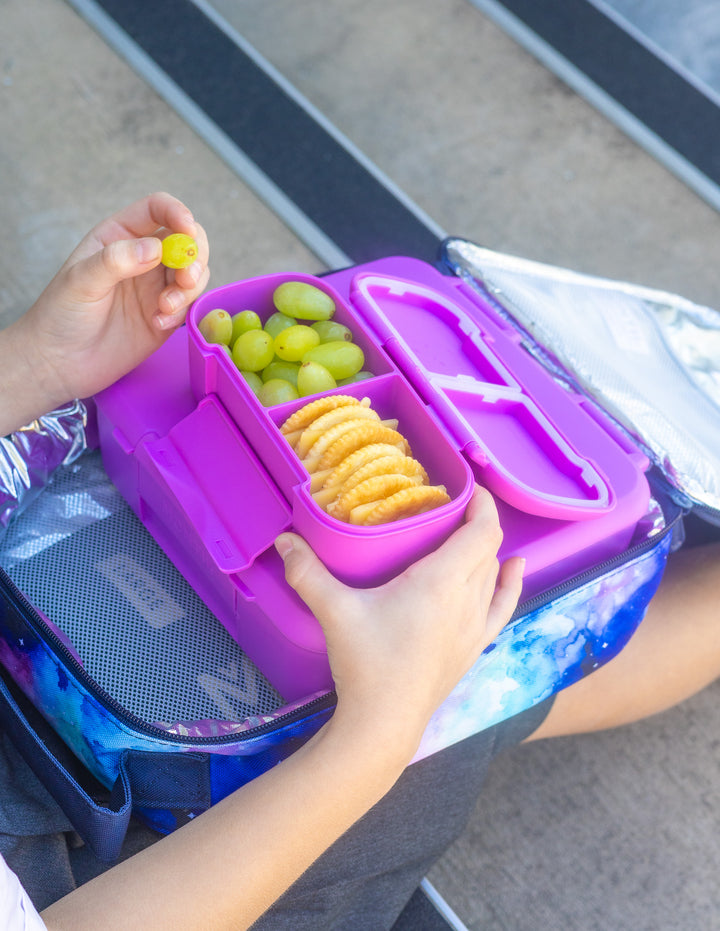 MontiiCo Snack Lunch Box - Fuchsia open lunch box with compartments and snacks