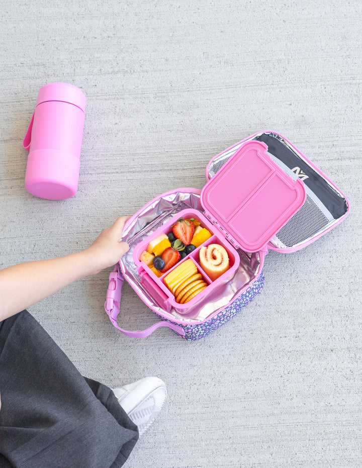 MontiiCo Bento Two Snack Box - Floss 2.0 - open lunch box with compartments and snacks