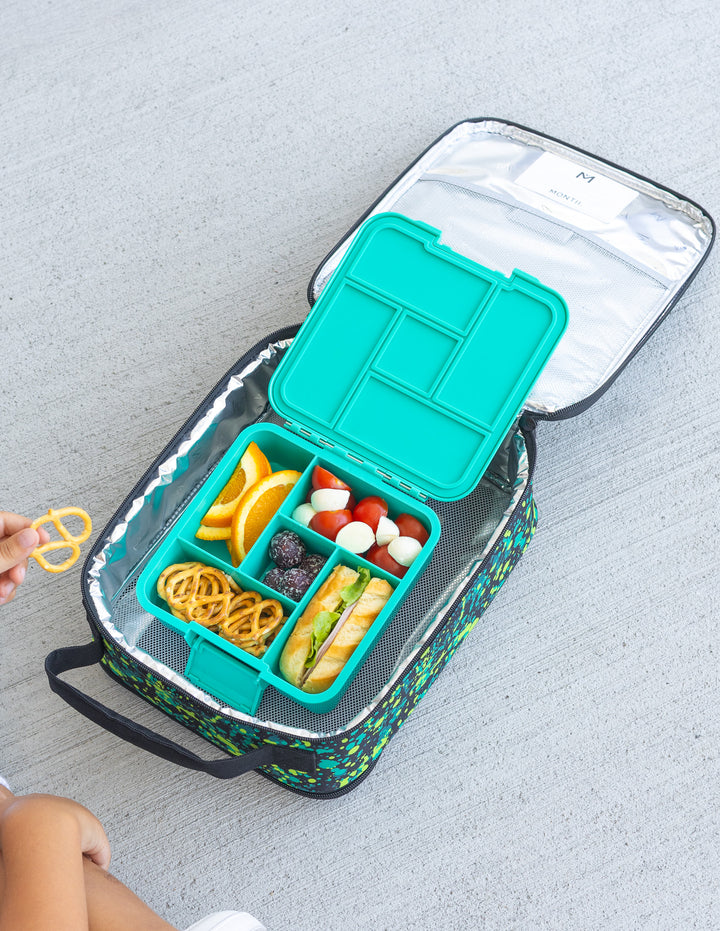 MontiiCo Bento Five Lunch Box - Mojito - open lunch box with compartments and snacks