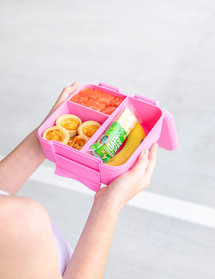 MontiiCo Bite Lunch Box - Floss - open lunch box with compartments and snacks