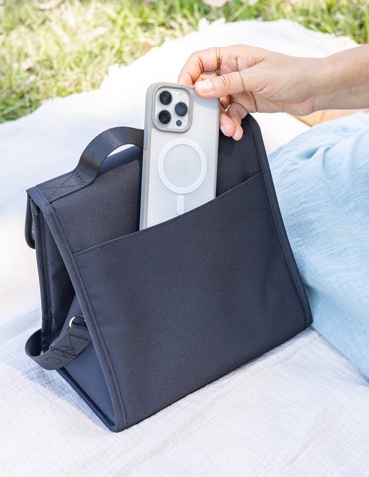 MontiiCo Insulated Lunch Carrier - Midnight 2.0 showing exterior compartment