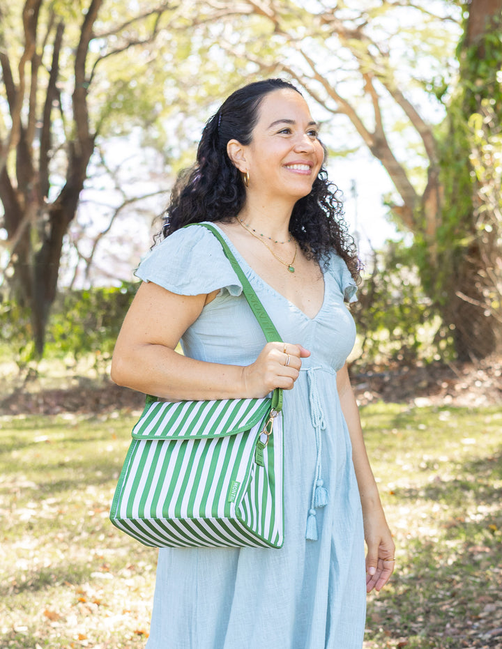 MontiiCo Insulated Lunch Carrier - Pickle Stripe showing comfort and convenience