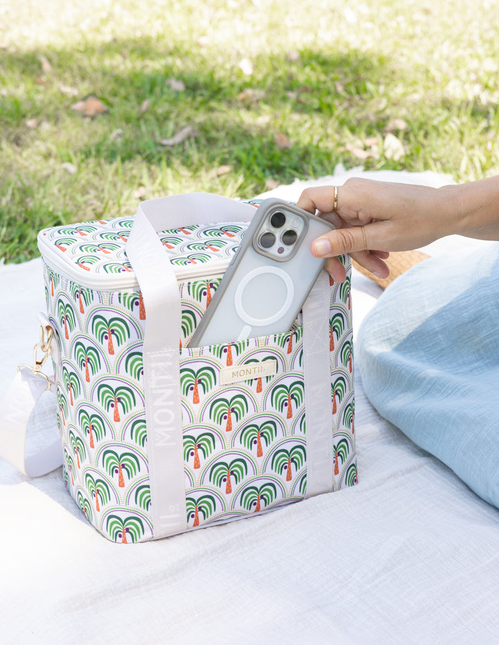 MontiiCo Insulated Midi Cooler Bag - Coconut Palms showing exterior compartment