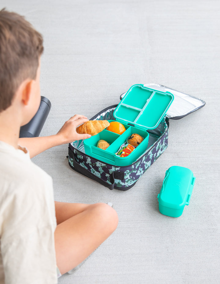 MontiiCo Bite Lunch Box - Mojito - open lunch box with compartments and snacks