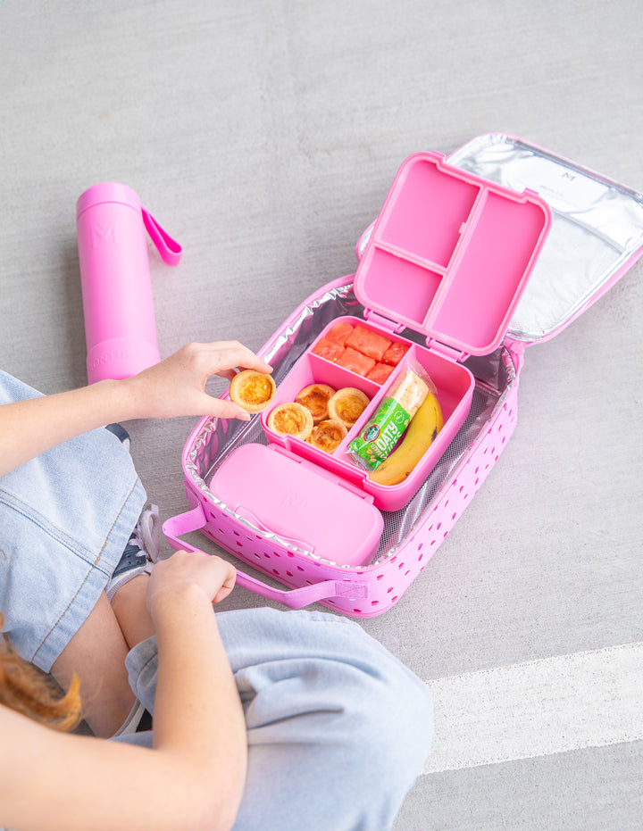 MontiiCo Bite Lunch Box - Floss - open lunch box with compartments and snacks
