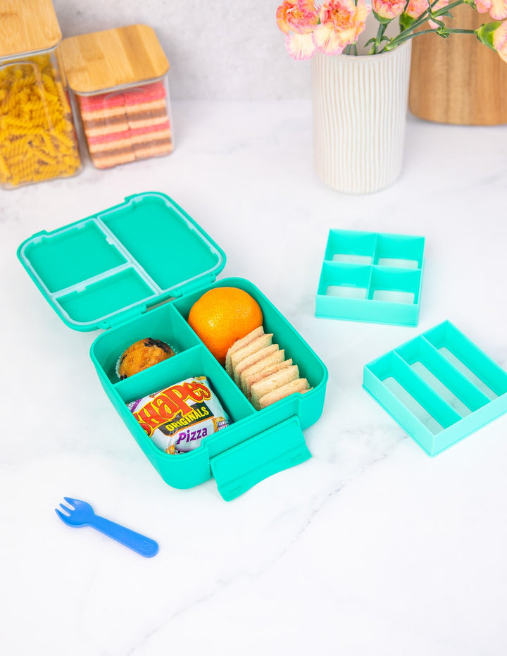 MontiiCo Bite Lunch Box - Mojito - open lunch box with compartments and snacks