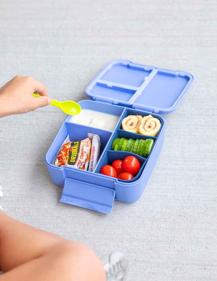 MontiiCo Bite Tray - Navy filled with different snacks inside bite lunch box