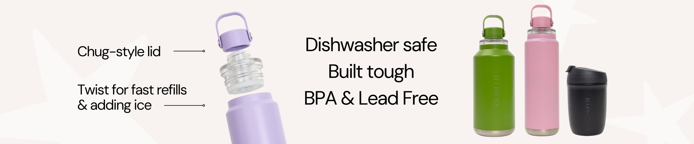 Set of water bottles with features highlighted on a white background