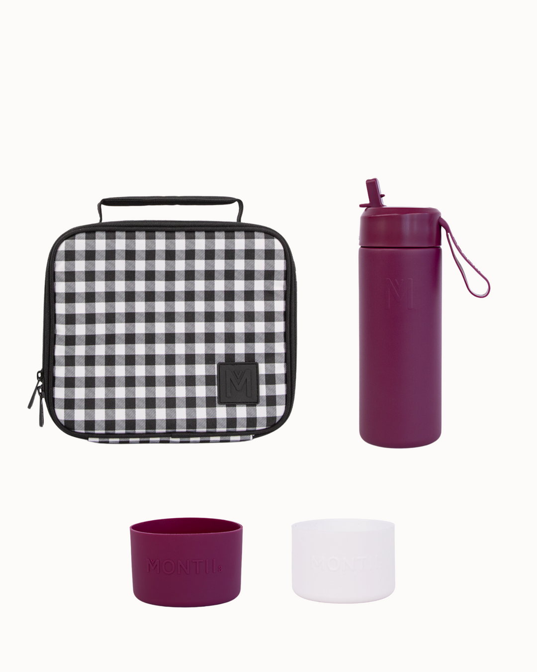 MontiiCo Medium Lunch Bag and Bottle Set - Black Gingham