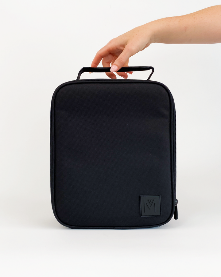 Black insulated lunch bag with a handle on a white background