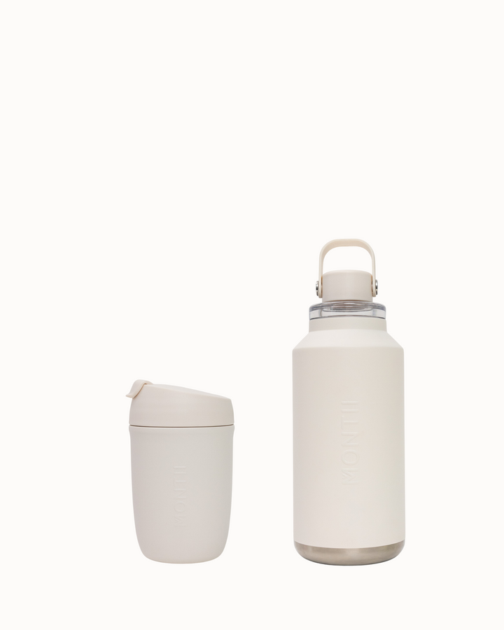 Two beige insulated bottles on a white background