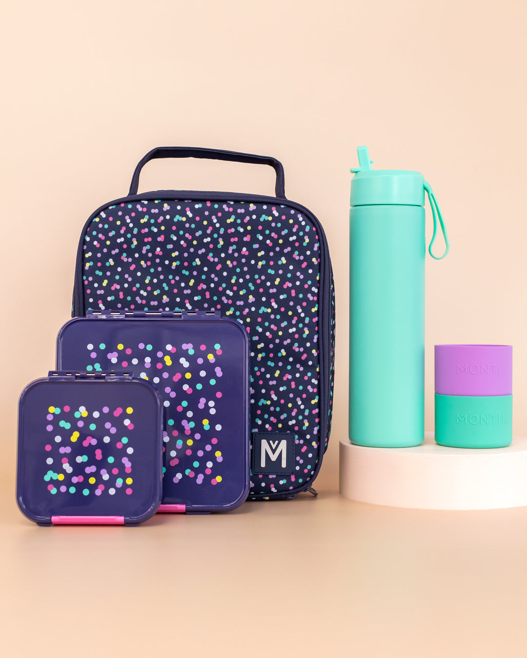 MontiiCo Large Lunch Bag, Box and Bottle Set - Confetti