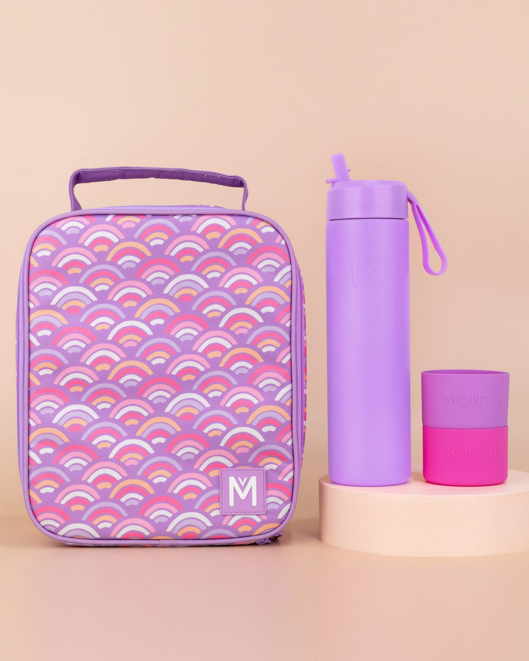 MontiiCo Large Lunch Bag and Bottle Set - Rainbow Roller