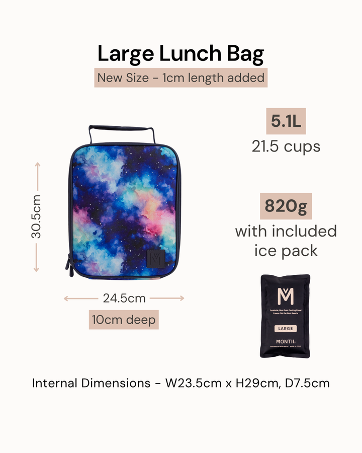 Large lunch bag with galaxy design, dimensions, capacity, weight, and ice pack information on a white background.