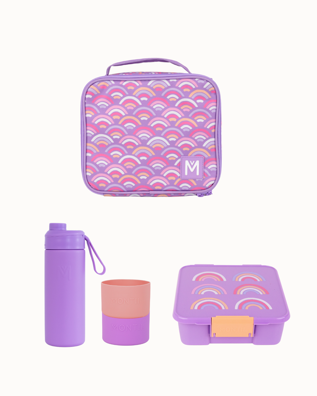 MontiiCo Medium Lunch Bag, Box and Bottle Set - Rainbow Roller