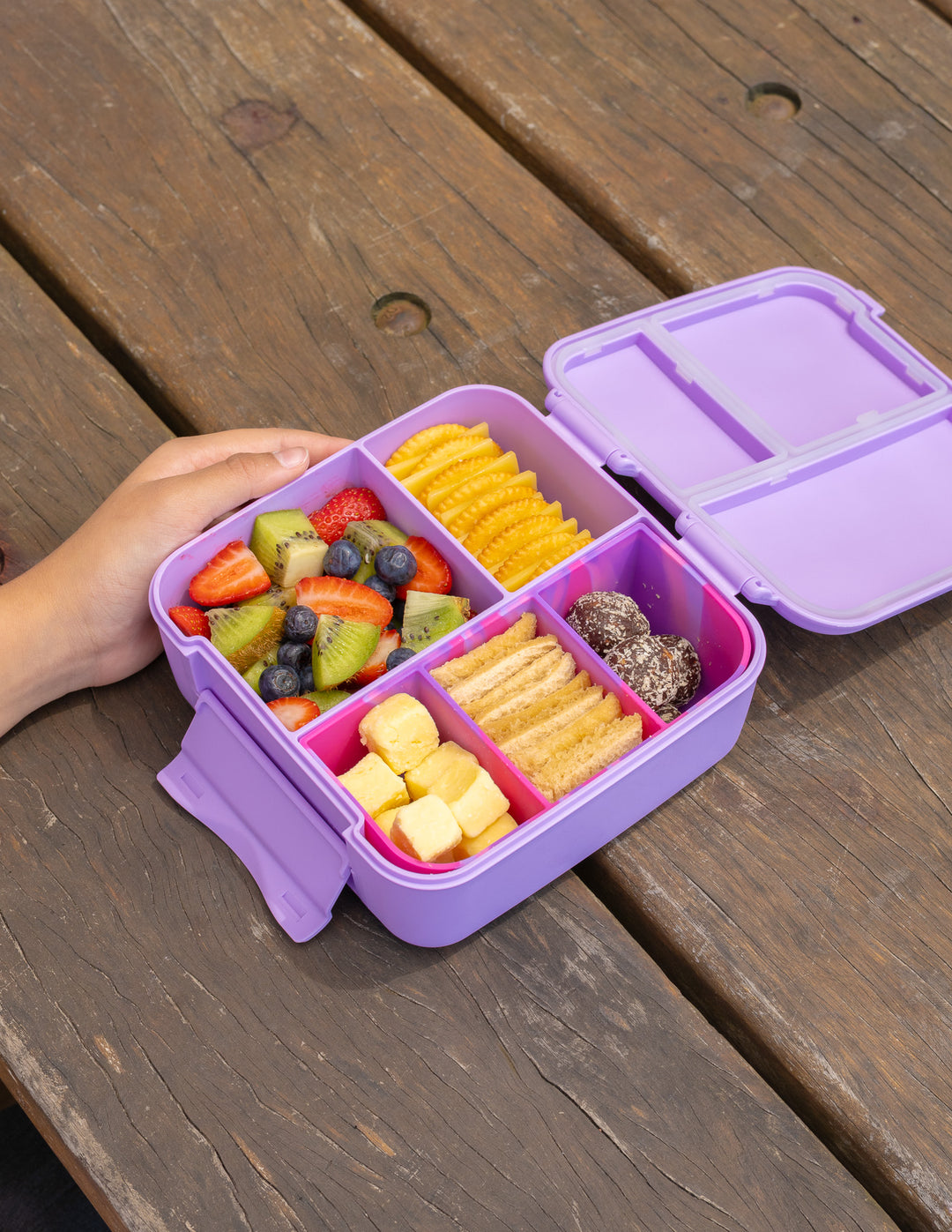MontiiCo Feast Tray - Dusk Marble filled with snacks inside the feast lunch box