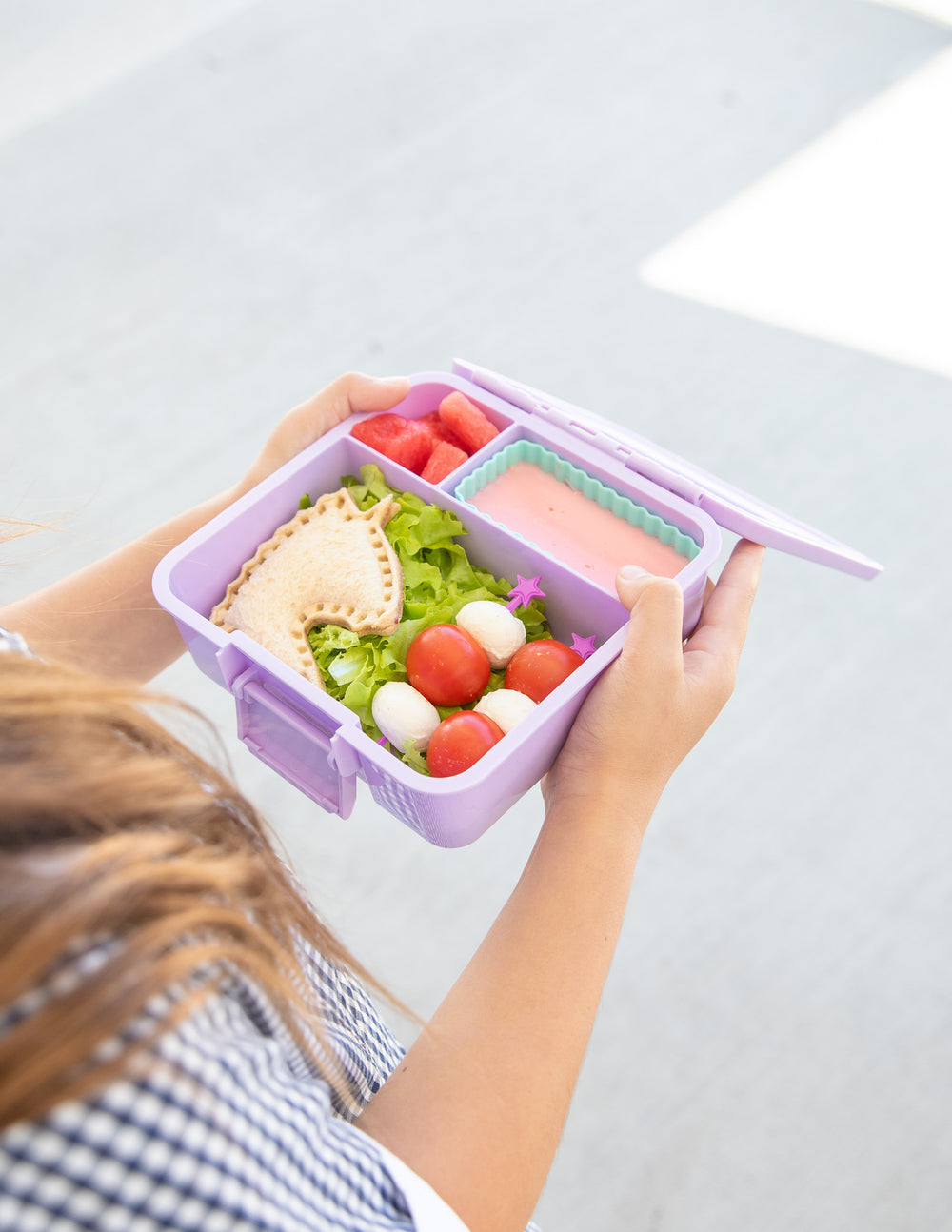 MontiiCo Bento Three Lunch Box - Lilac -  open lunch box with compartments and snacks