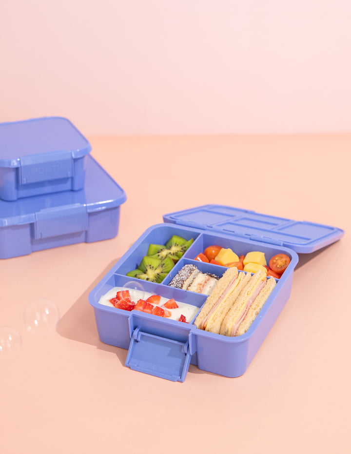 MontiiCo Bento Five Lunch Box - Splash -  open lunch box with compartments and snacks
