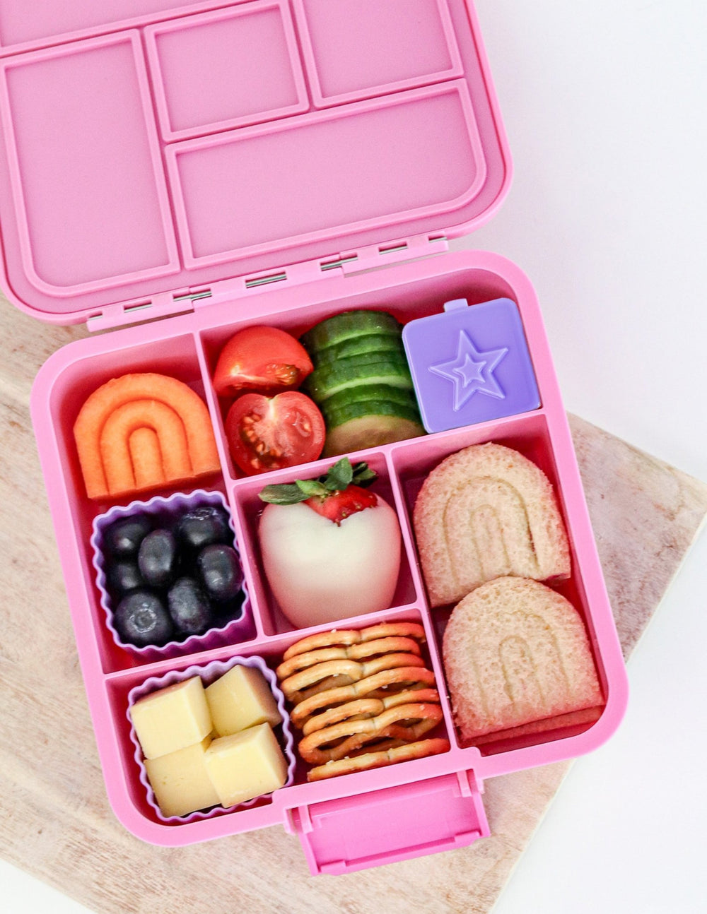 MontiiCo Bento Five Lunch Box - Floss -  open lunch box with compartments and snacks
