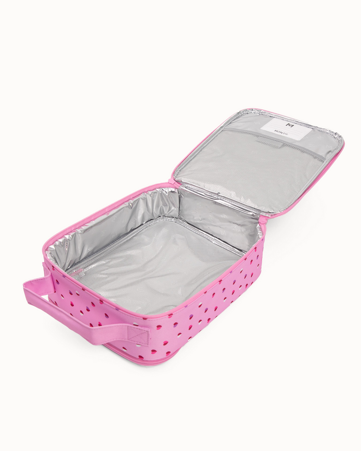 Pink lunch bag with heart patterns open on a white background