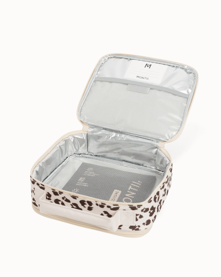 MontiiCo Medium Insulated Lunch Bag - Cream Leopard open showing interior