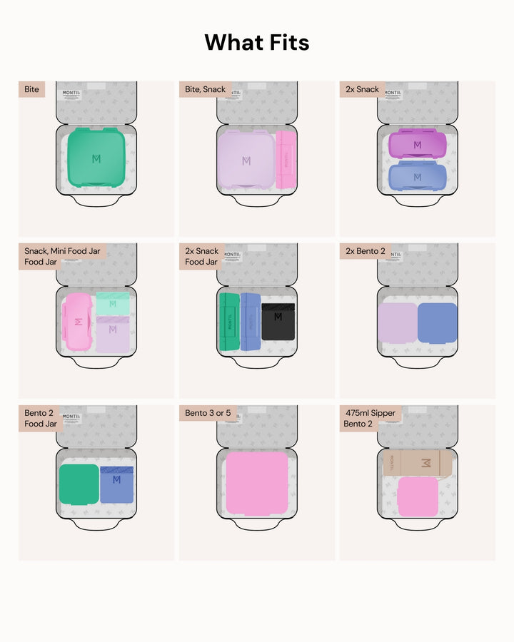 MontiiCo Medium Insulated Lunch Bag - Ruby shows what fits inside the lunch bag