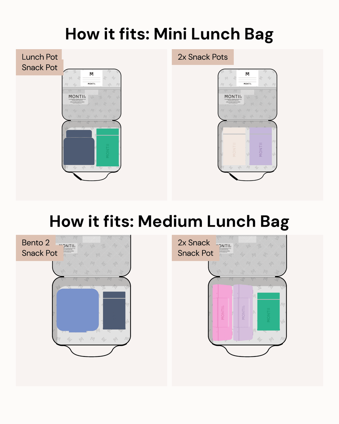 Mini and Medium kids lunch bag capacity guide showing different thermos and snack pot combinations that fit inside
