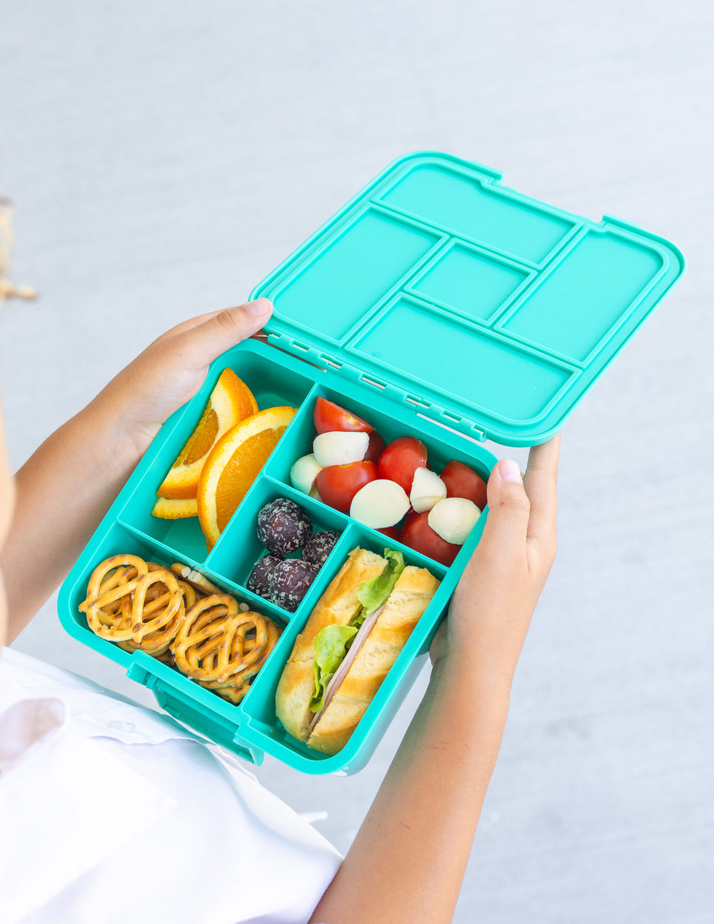 MontiiCo Bento Five Lunch Box - Mojito -  open lunch box with compartments and snacks