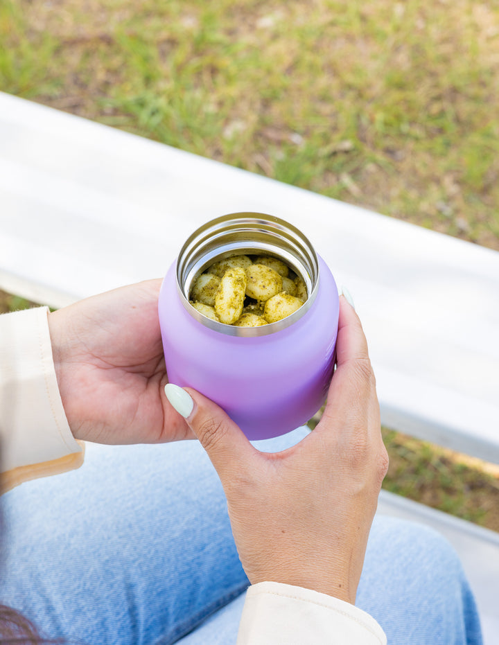 Insulated snack pot designed to keep food hot or cold while on the move