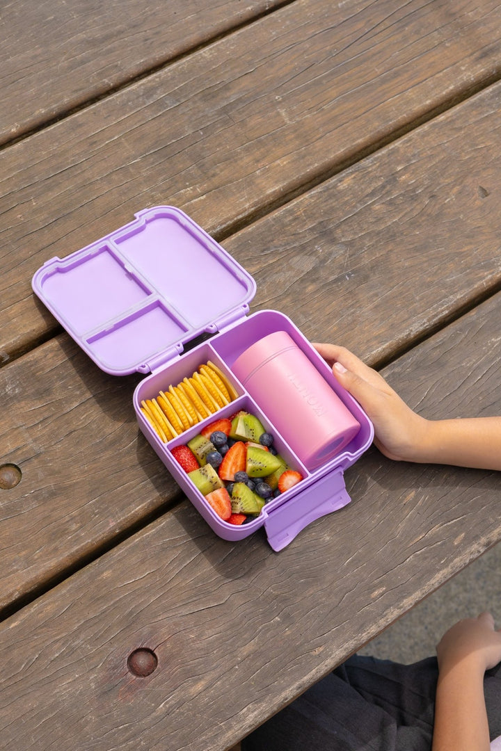 Insulated food thermos in lunchbox with fruit and snacks